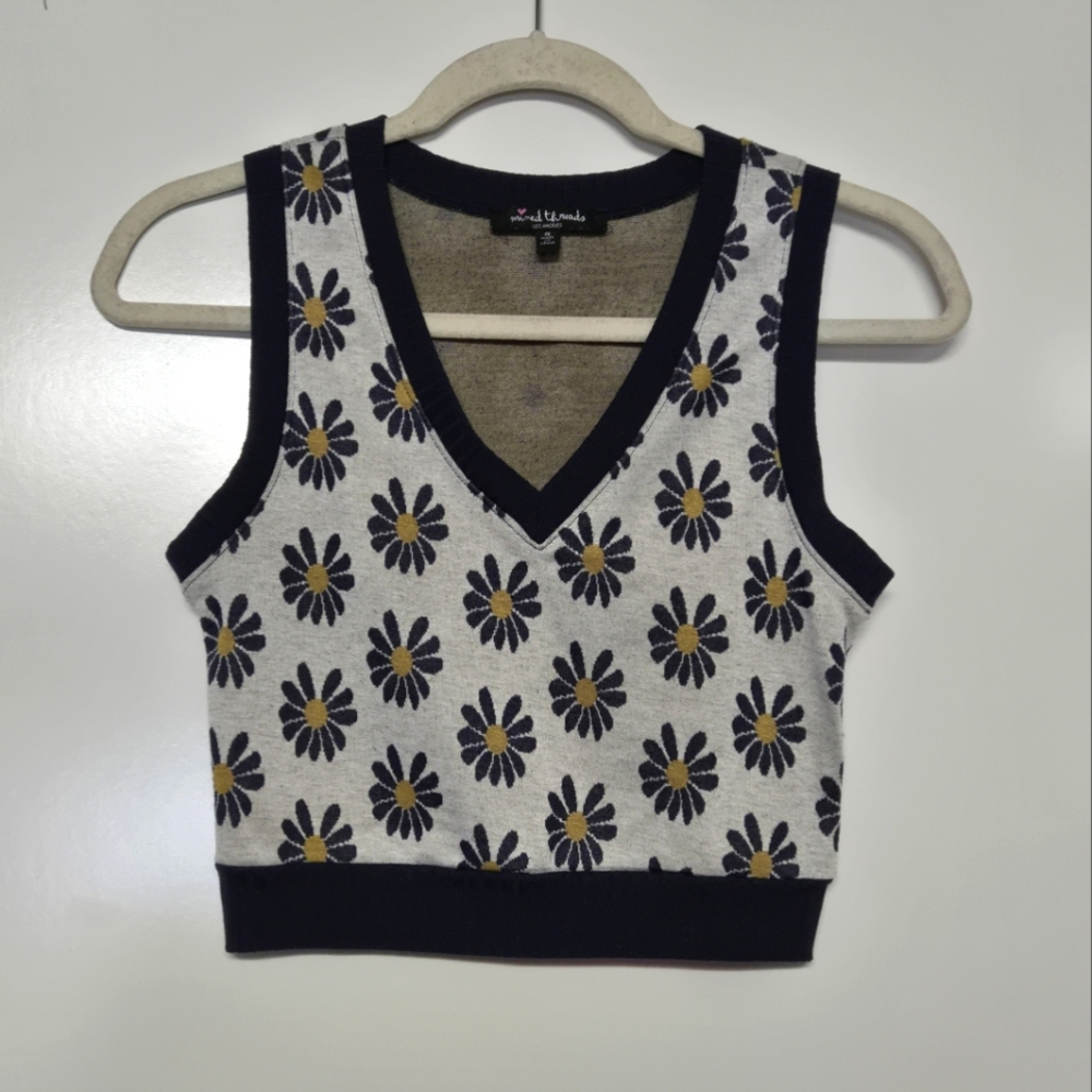 Mixed Threads Cropped Fitted V-Neck Sweater Vest Top Floral Daisy Sz S Navy Gray